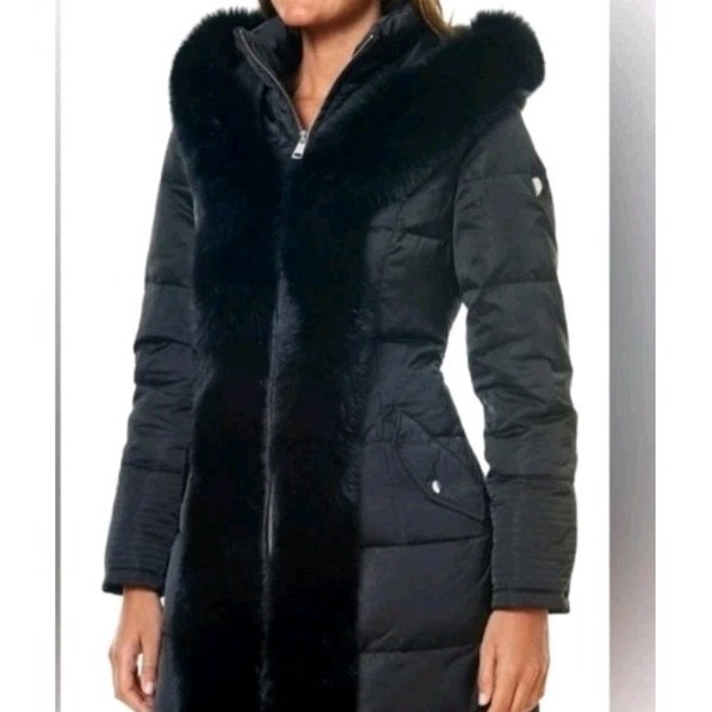 1 Madison Black Down Real Fox Fur Trim Hooded PUFFER JACKET M Excellent!